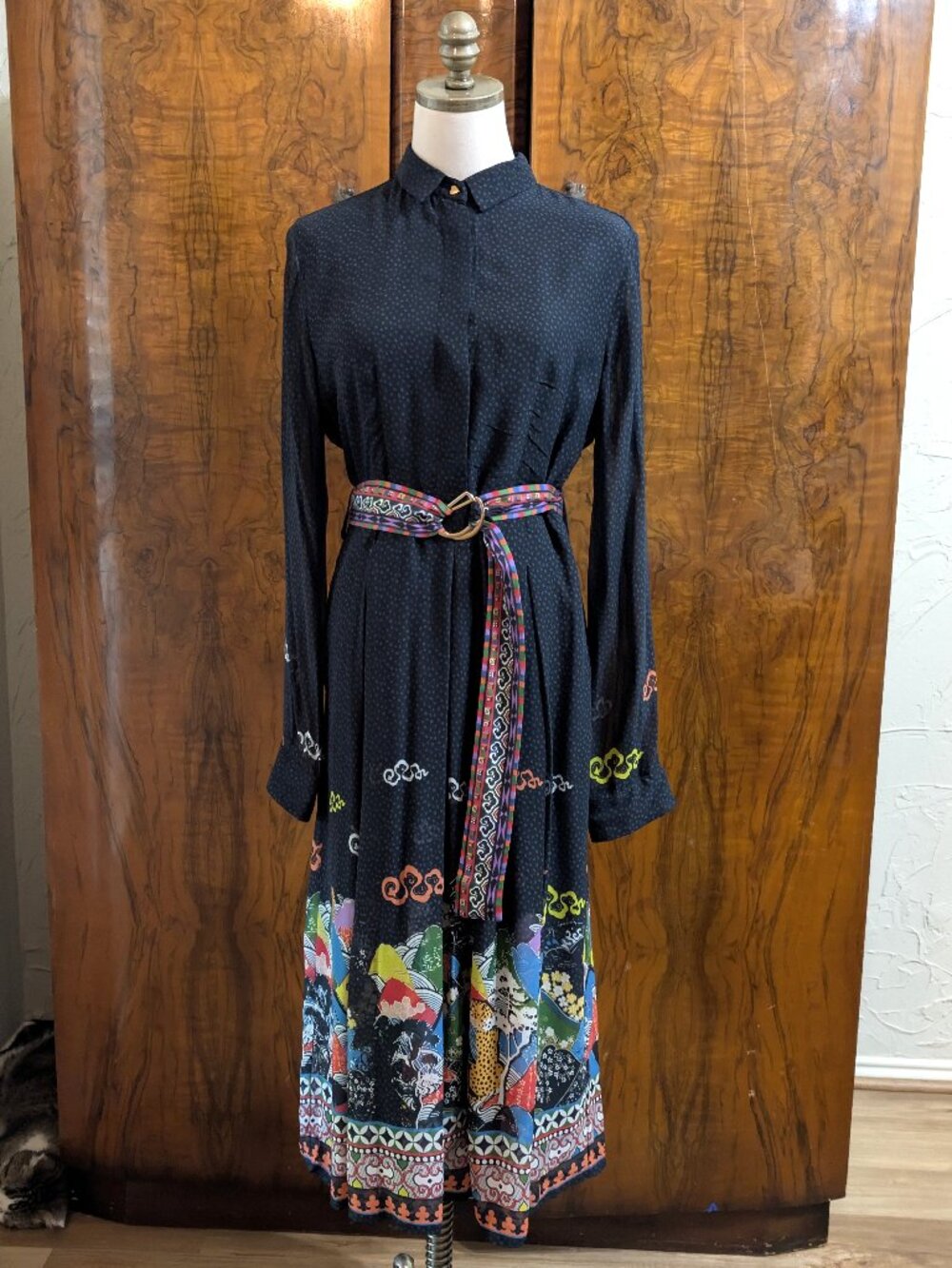 Emily Lovelock Safari Midi Shirt Dress M Black Polka Dot Cheetah Border Print